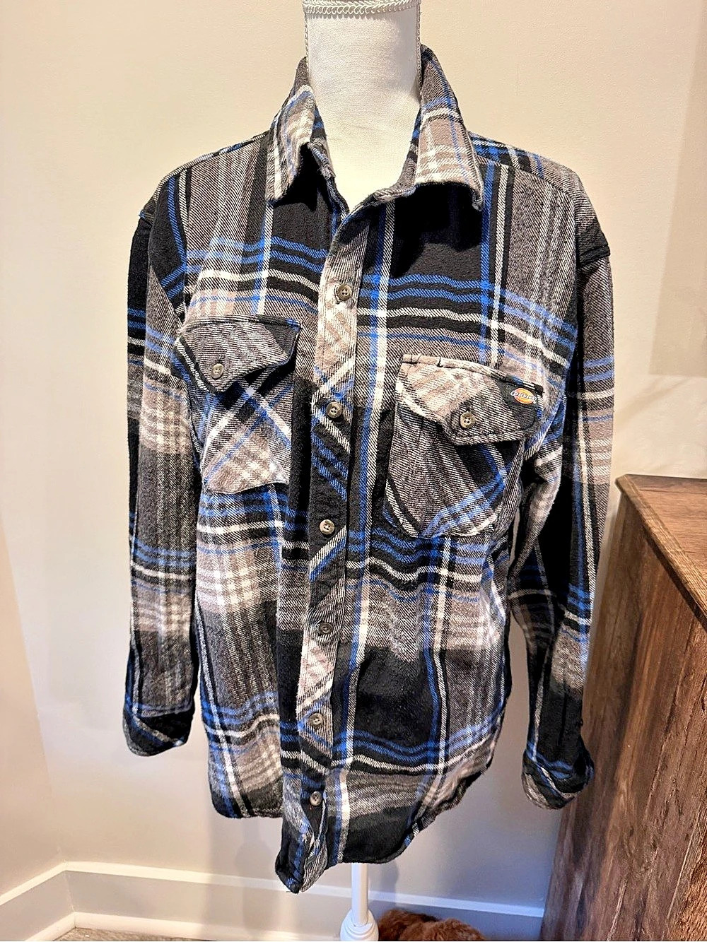 Dickies Plaid Shirt Jacket Black & Blue Size Large